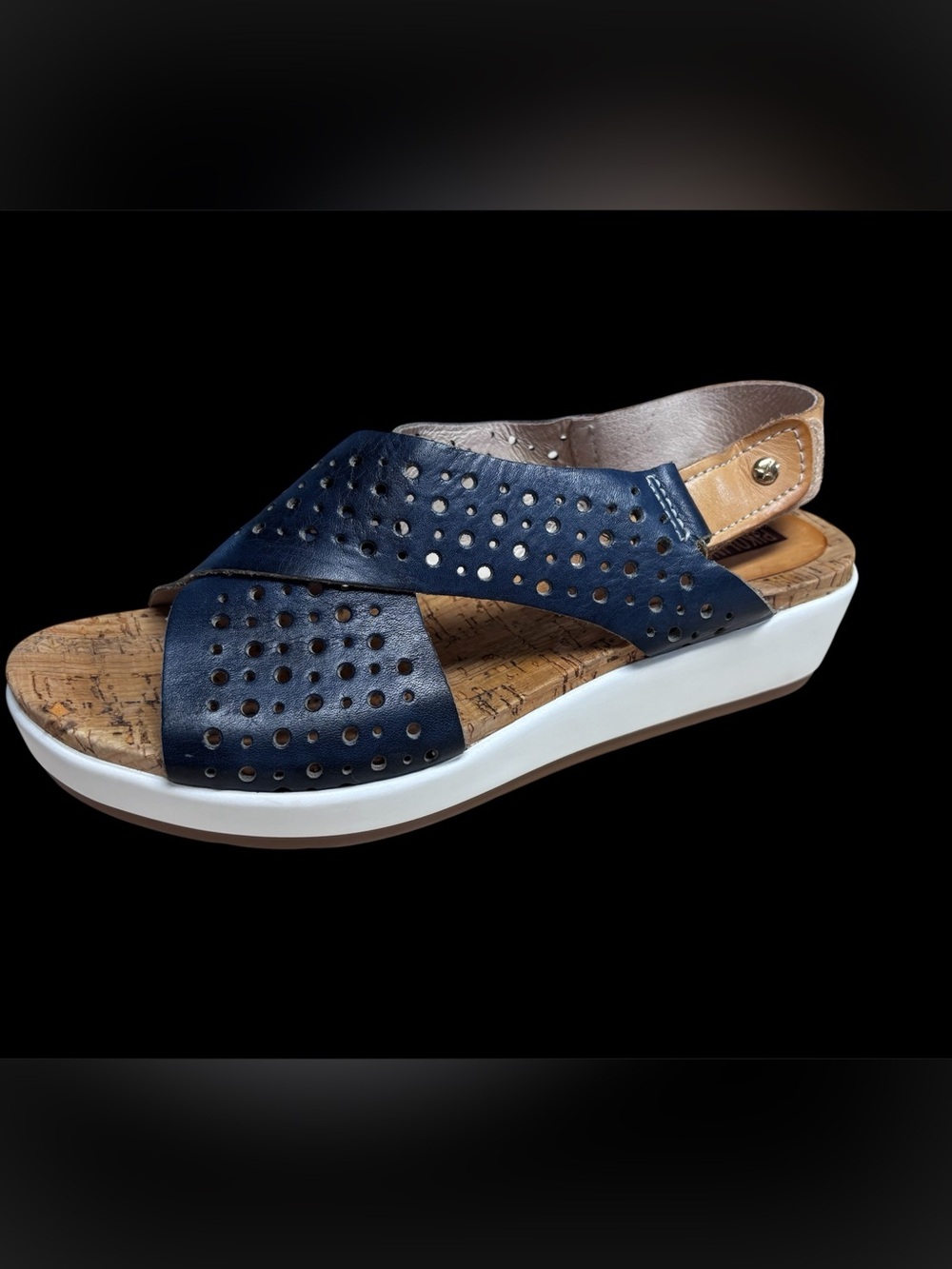 Pikolinos Mykonos Wedge Sandals Crisscross Laser Cut Blue & Tan Sz 39 (8.5-9)